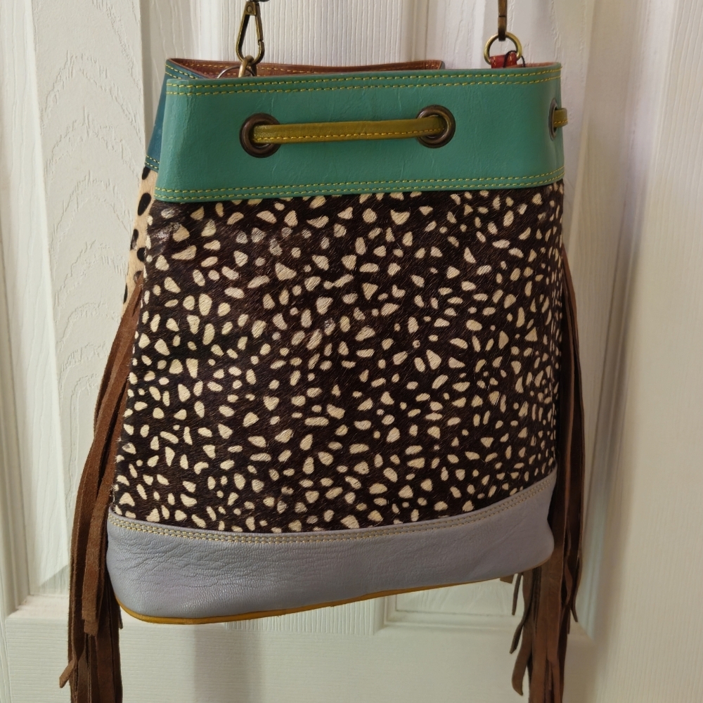 Zelah Leather & Hair on Hide Leopard Print Multicolor Drawstring Bucket Bag - Picture 3 of 12